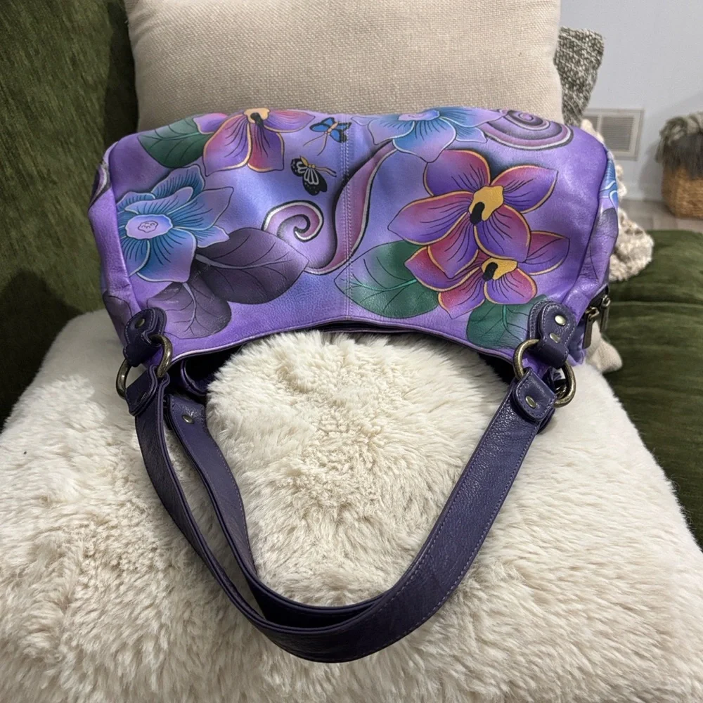 ANUSCHIKA India Purple Leather Floral‎ Triple Compartment Large Satchel Bag